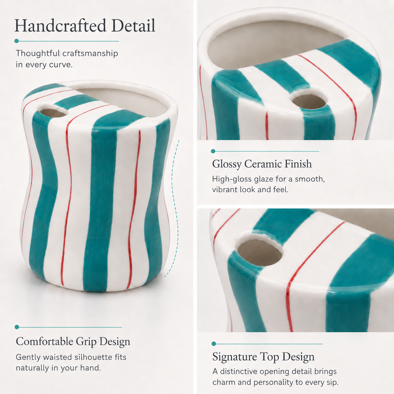Close-up of teal striped ceramic mug with glossy glaze and top drinking hole