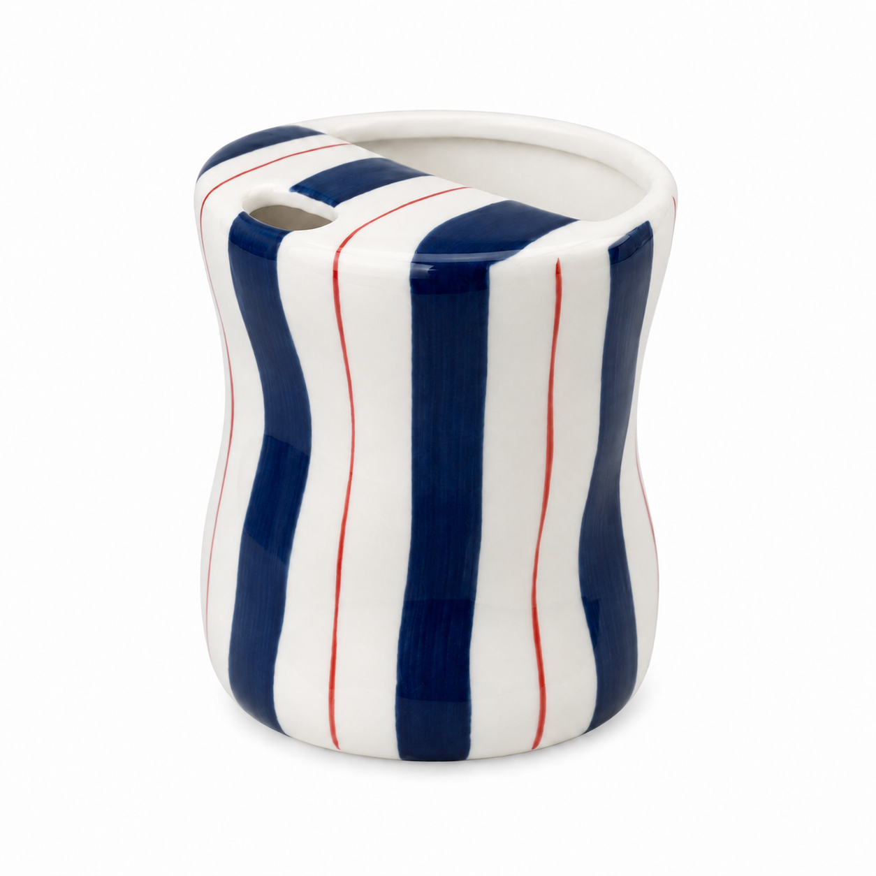Navy striped ceramic mug with red accents and unique top opening
