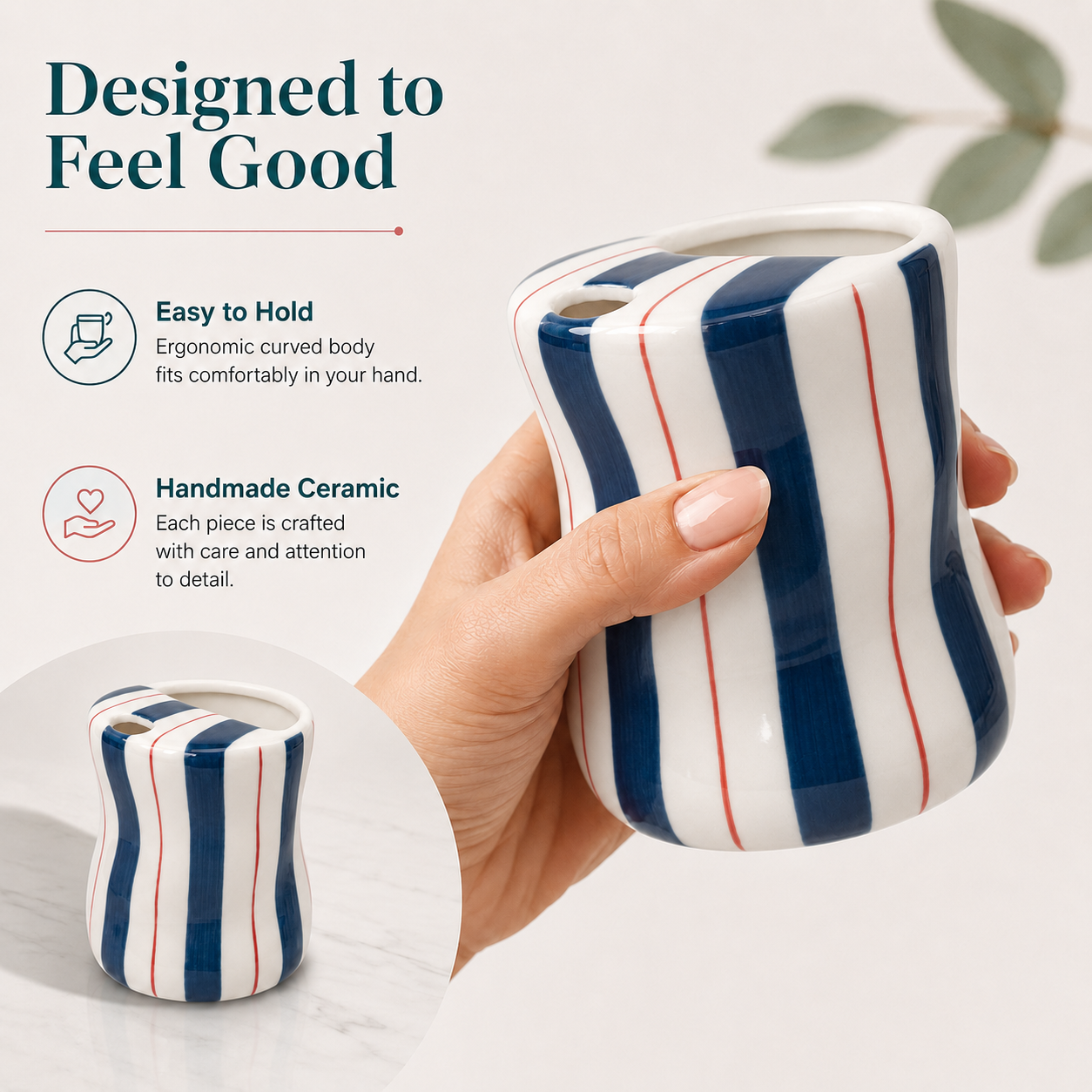 Handmade striped ceramic mug with curved easy-to-hold body