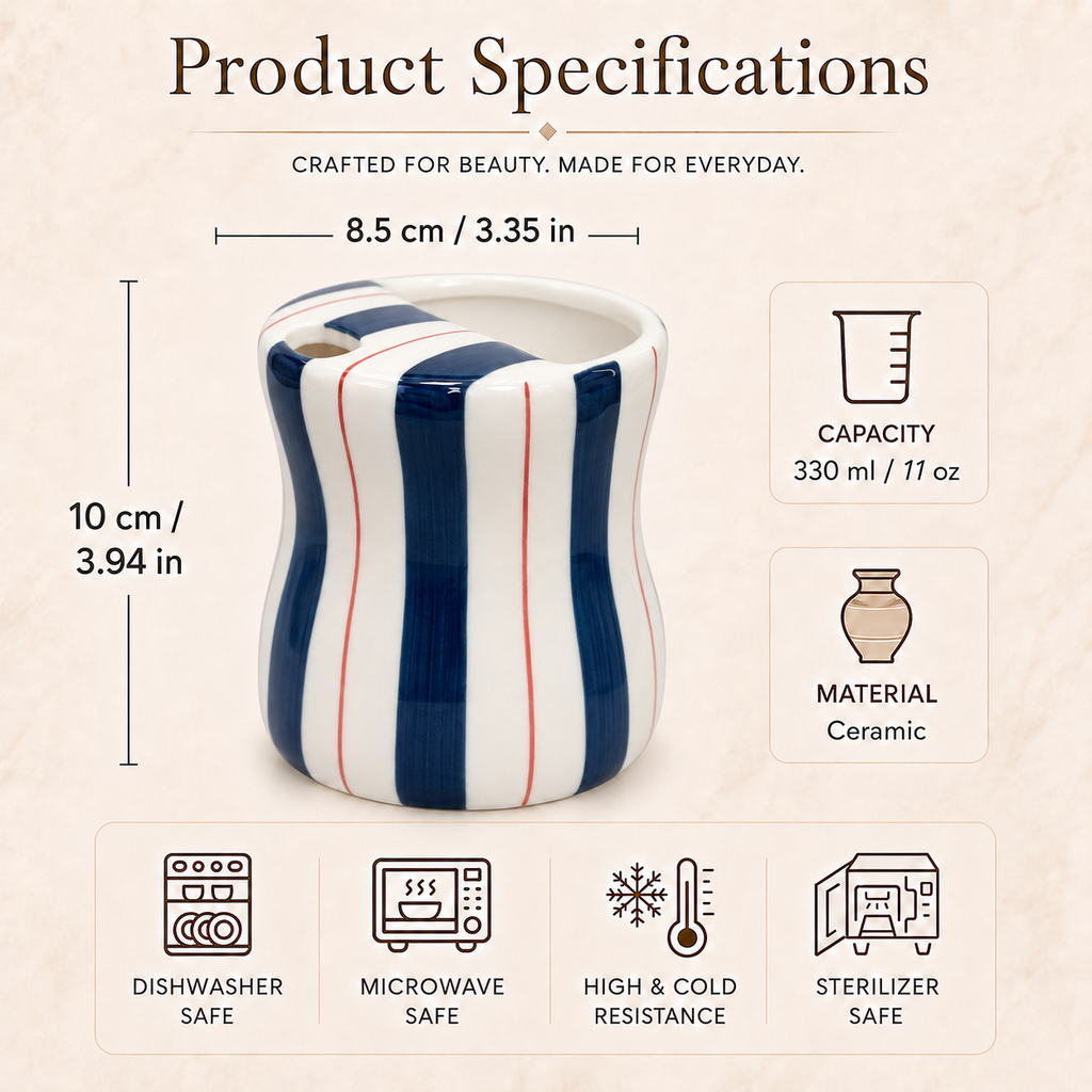 11 oz navy striped ceramic mug with size and capacity details