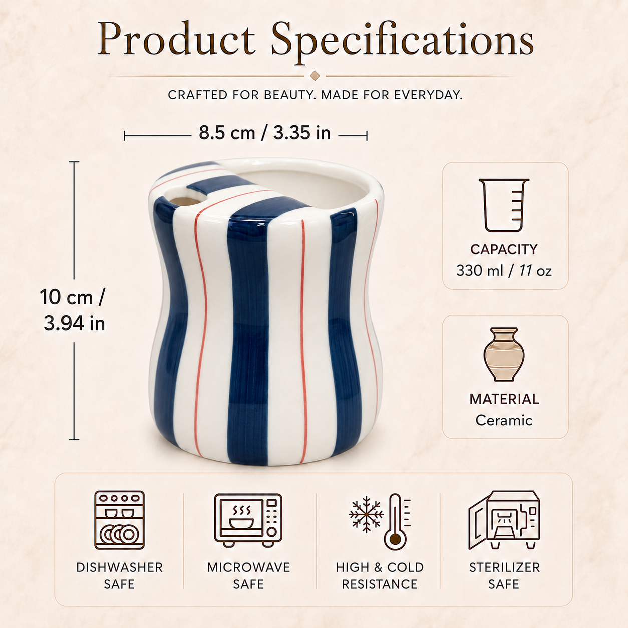 11 oz navy striped ceramic mug with size and capacity details
