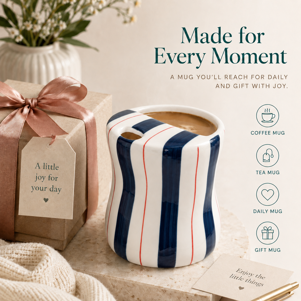 Navy striped ceramic mug styled as an everyday coffee and gift mug