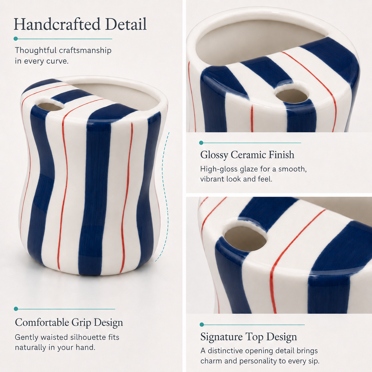 Close-up of navy striped ceramic mug with glossy glaze and top drinking hole