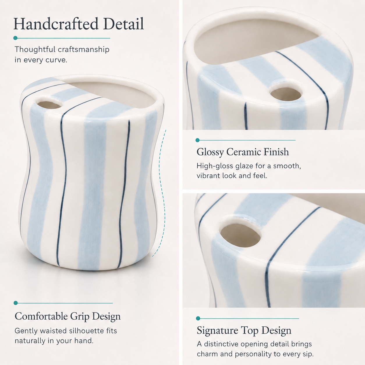 Close-up of light blue striped ceramic mug with glossy glaze and top drinking hole