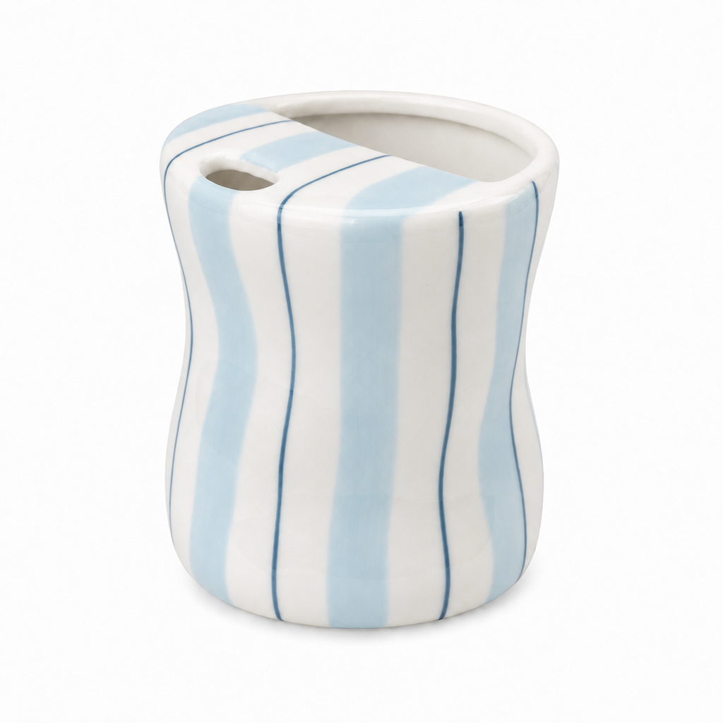Light blue striped ceramic mug with curved body and unique top opening
