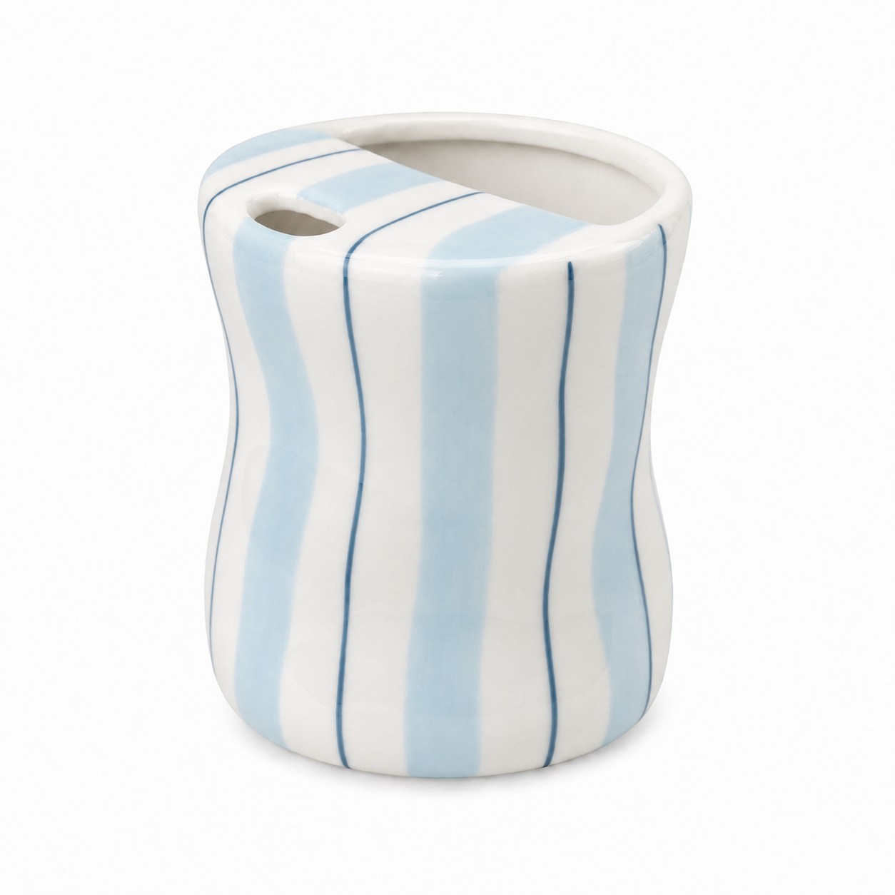 Light blue striped ceramic mug with curved body and unique top opening