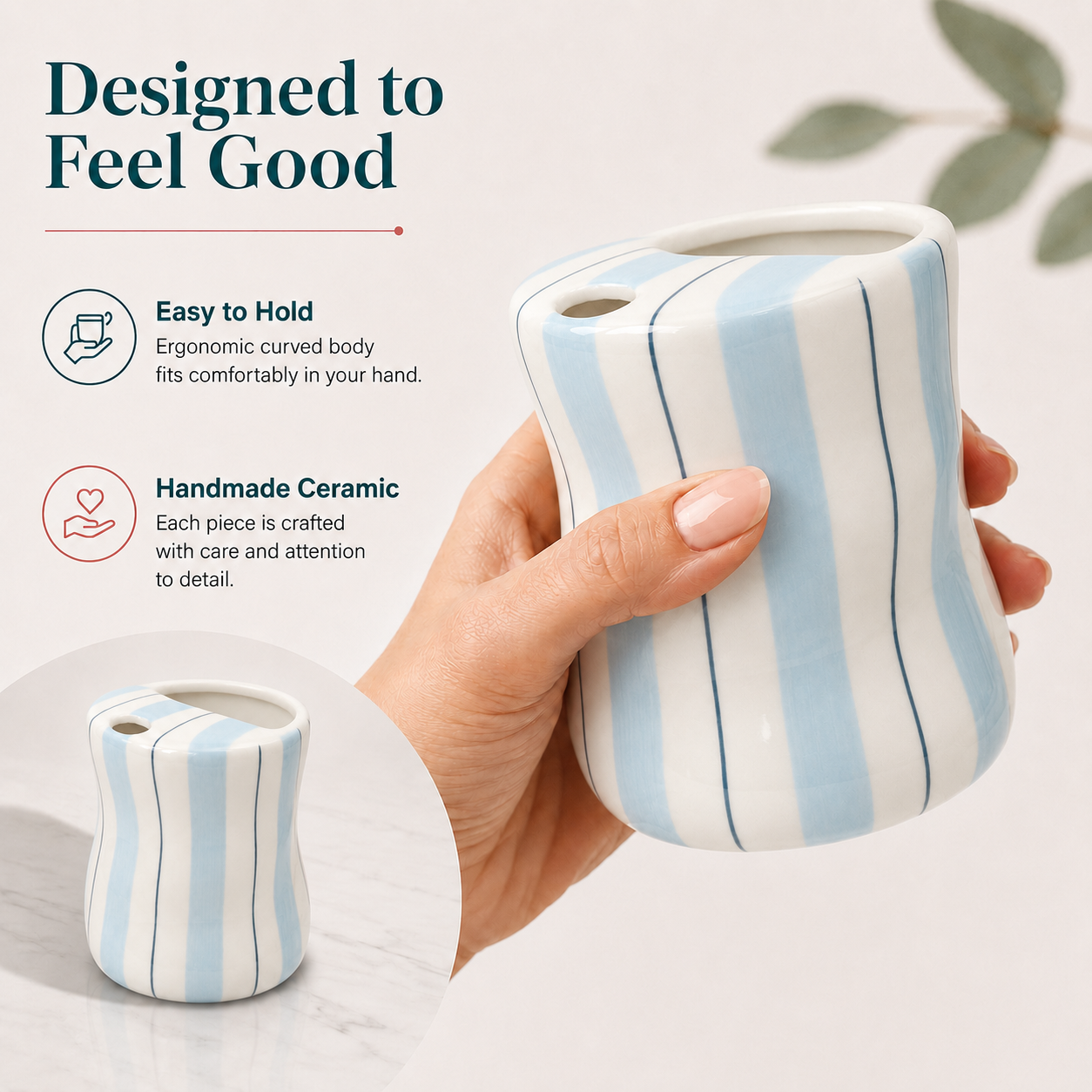 Handmade light blue striped ceramic mug with comfortable curved body
