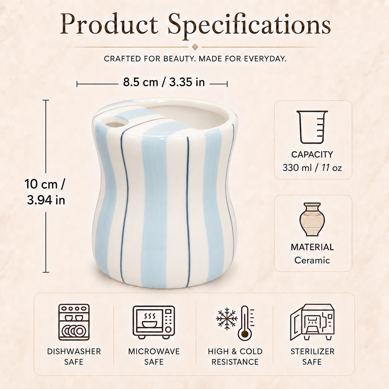 11 oz light blue striped ceramic mug with size and capacity details