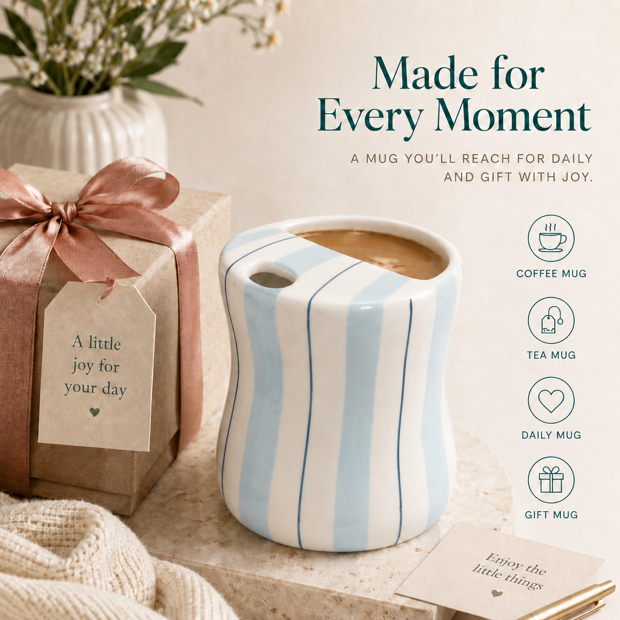Light blue striped ceramic mug with coffee in a cozy gift setting