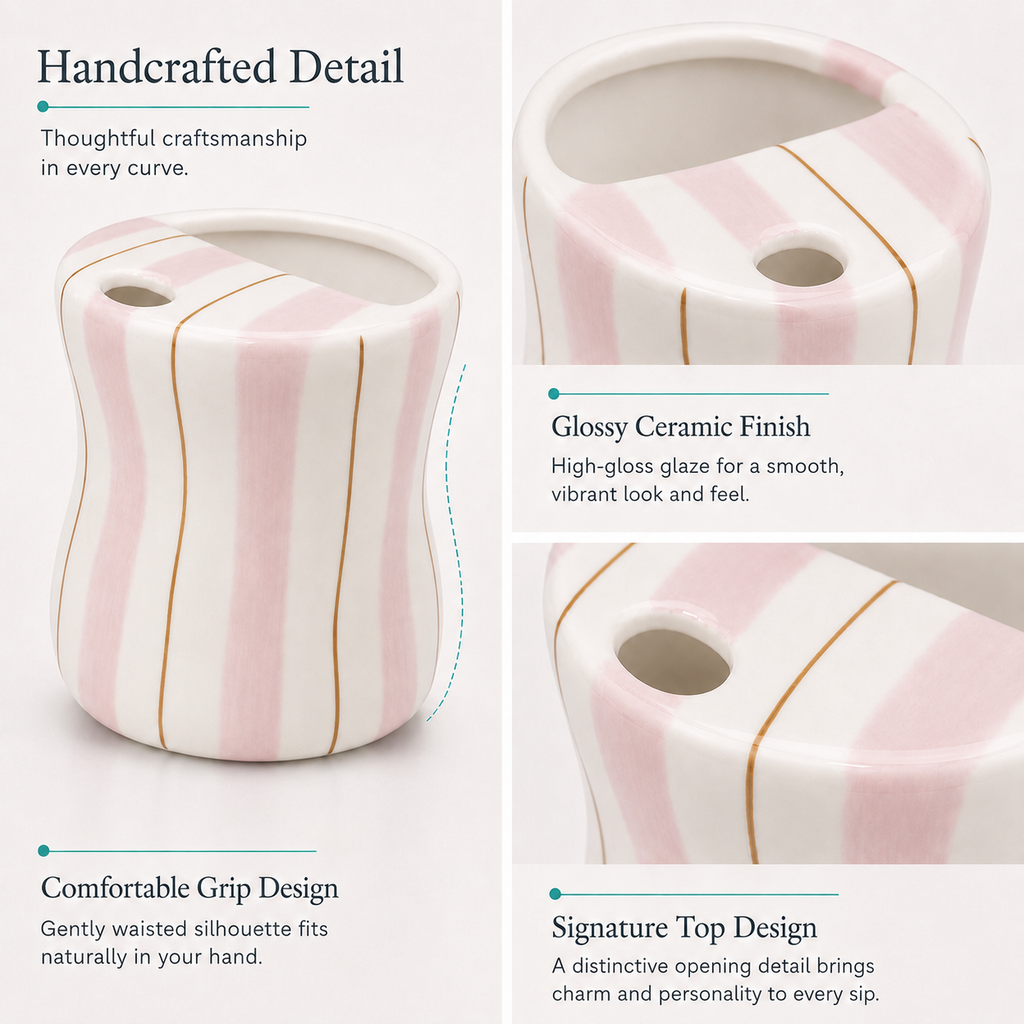 Close-up of pink striped ceramic mug with glossy glaze and top drinking hole