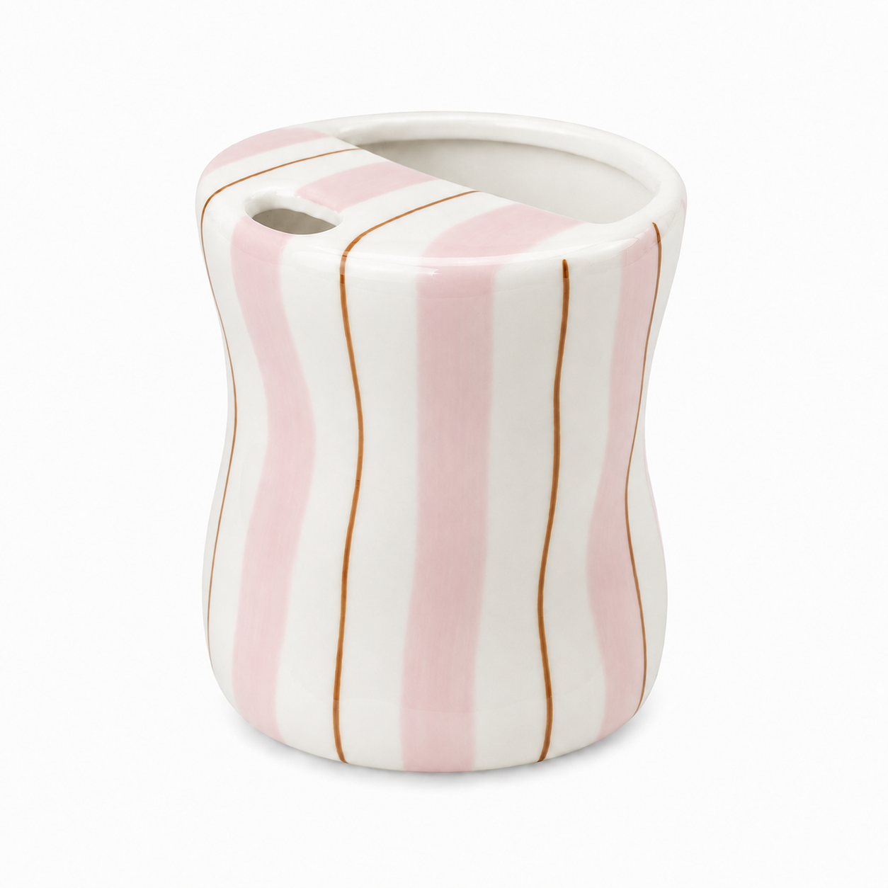 Pink striped ceramic mug with curved body and unique top opening