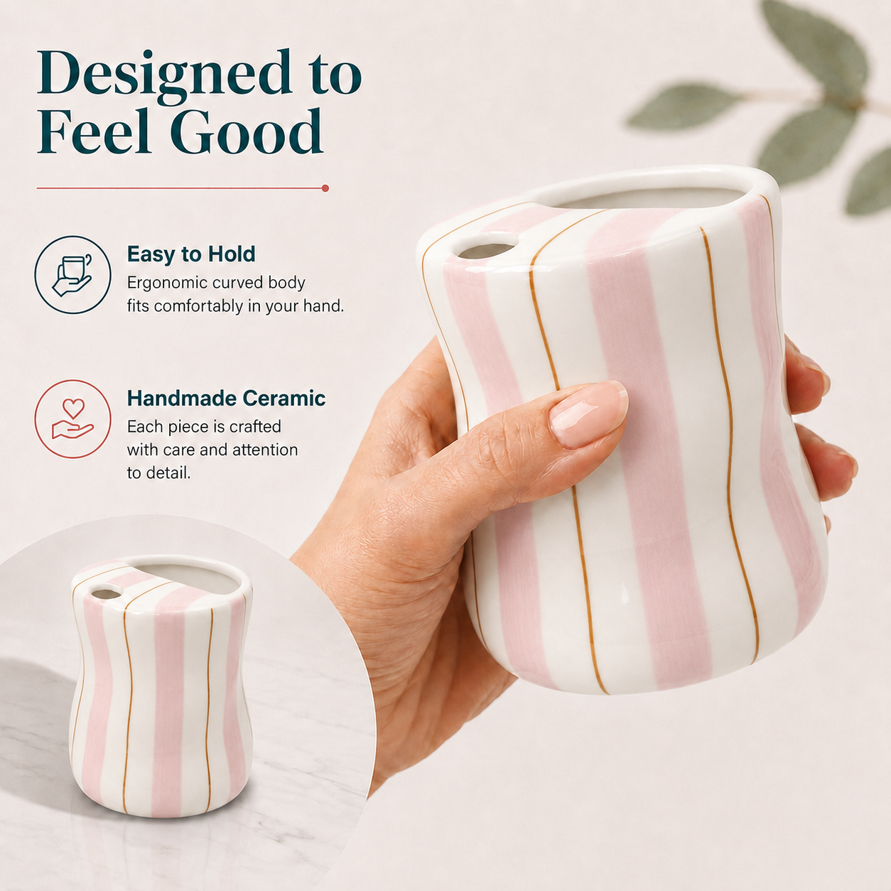 Handmade pink striped ceramic mug with comfortable curved body