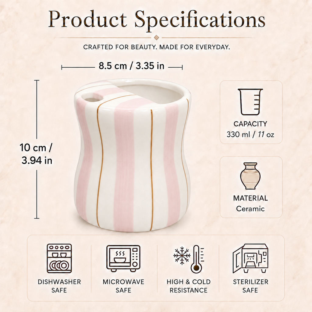 11 oz pink striped ceramic mug with size and capacity details