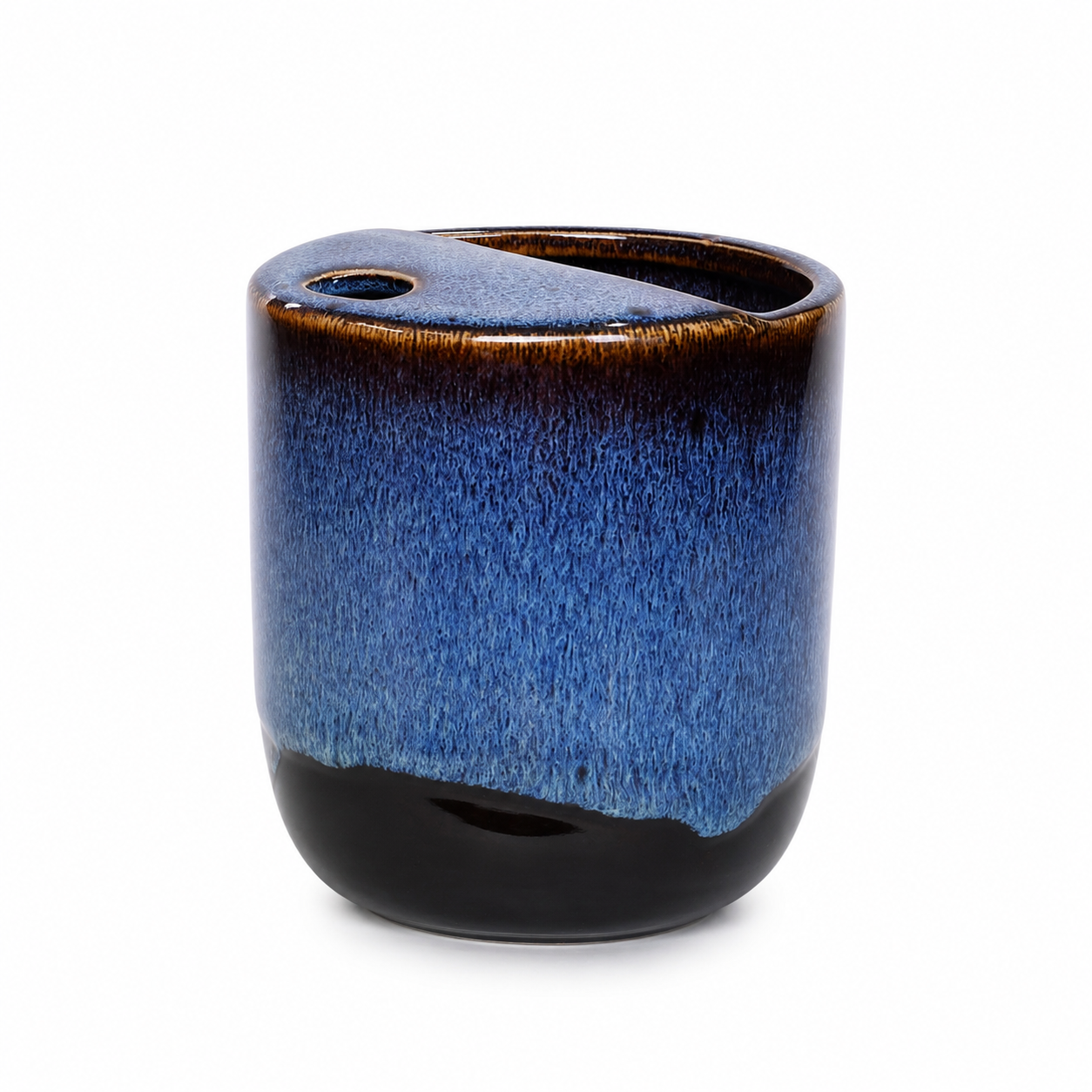 Blue flambé glaze ceramic mug with sculpted top opening