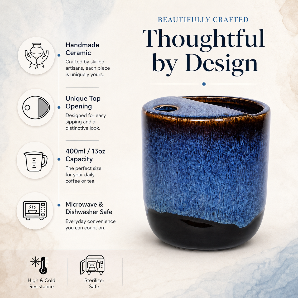 Handmade blue flambé glaze ceramic mug with unique top opening