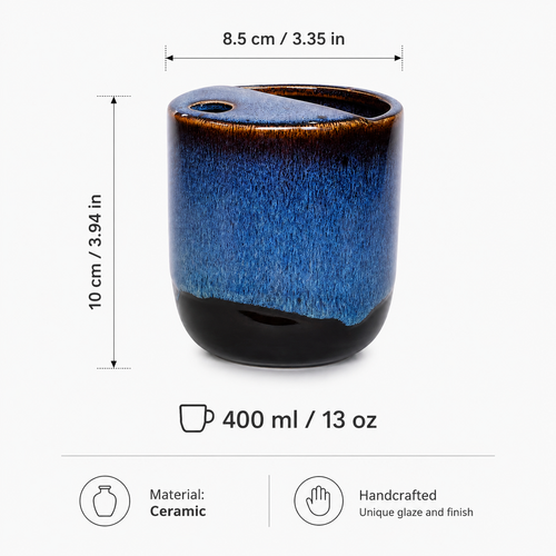 Blue flambé glaze ceramic mug with 13 oz capacity and size details