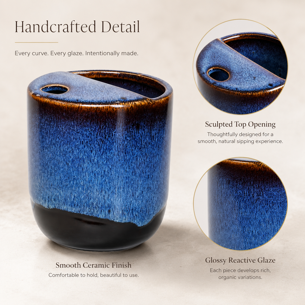 Close-up of blue flambé glaze ceramic mug and sculpted top design