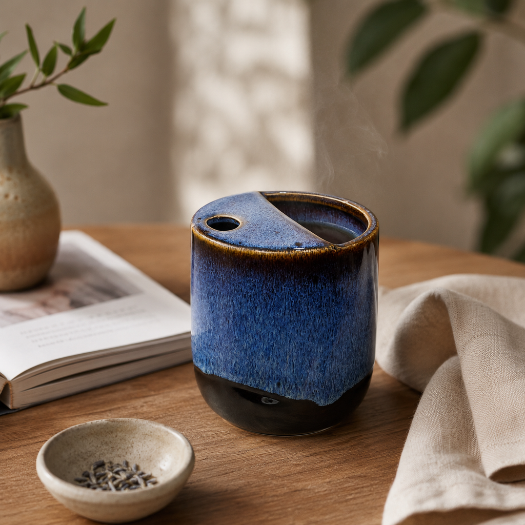 Blue flambé glaze ceramic mug styled on a cozy tabletop