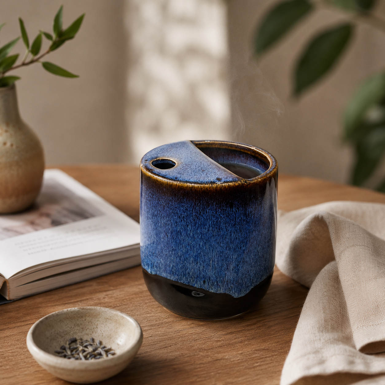 Blue flambé glaze ceramic mug styled on a cozy tabletop