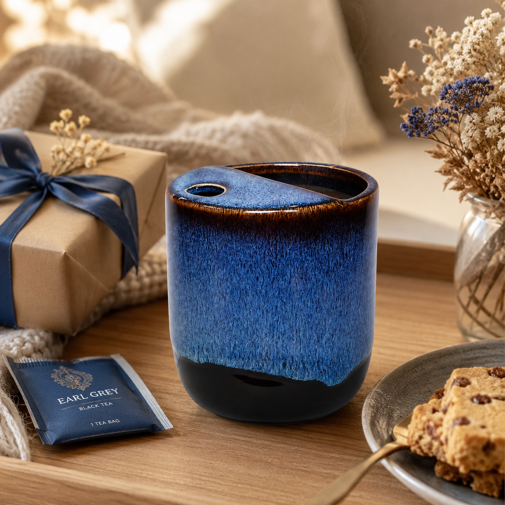Blue flambé glaze ceramic mug styled as a thoughtful everyday gift