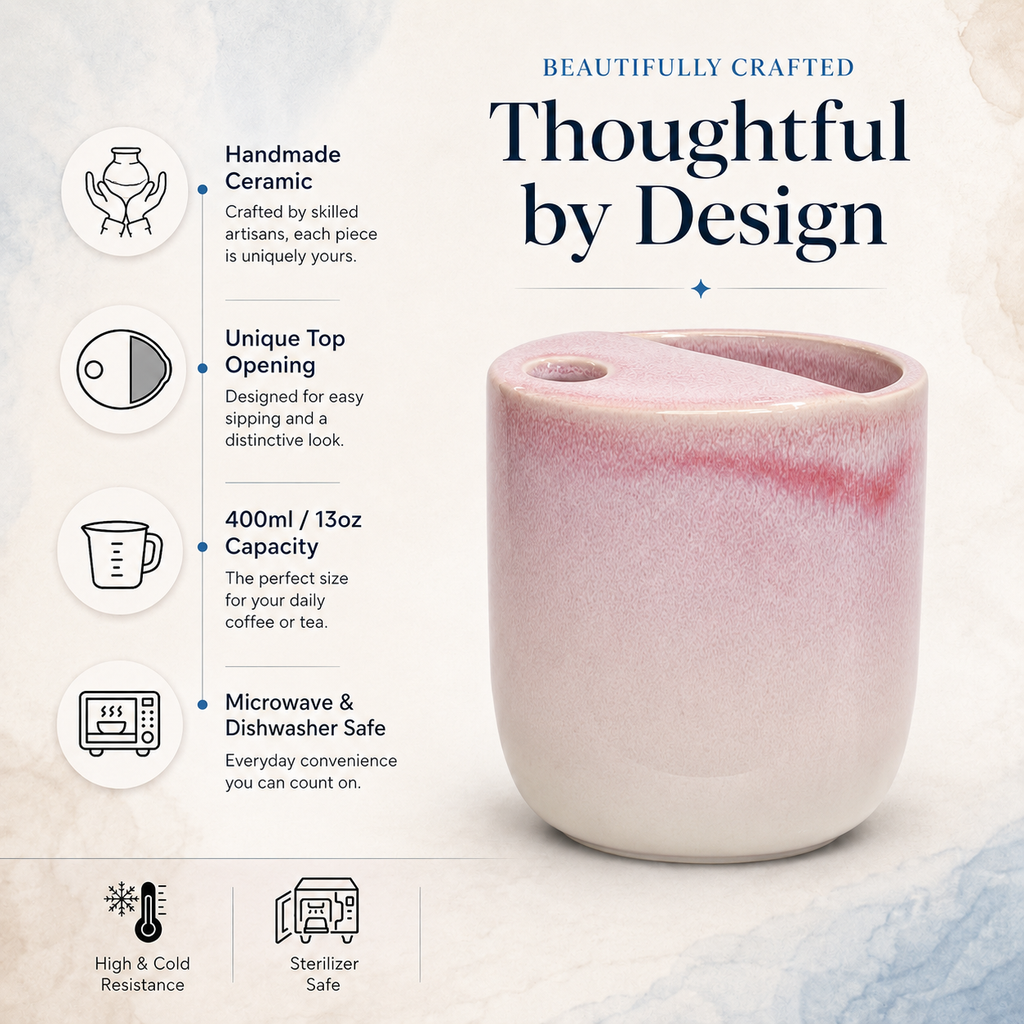 Handmade pink flambé glaze ceramic mug with unique top opening