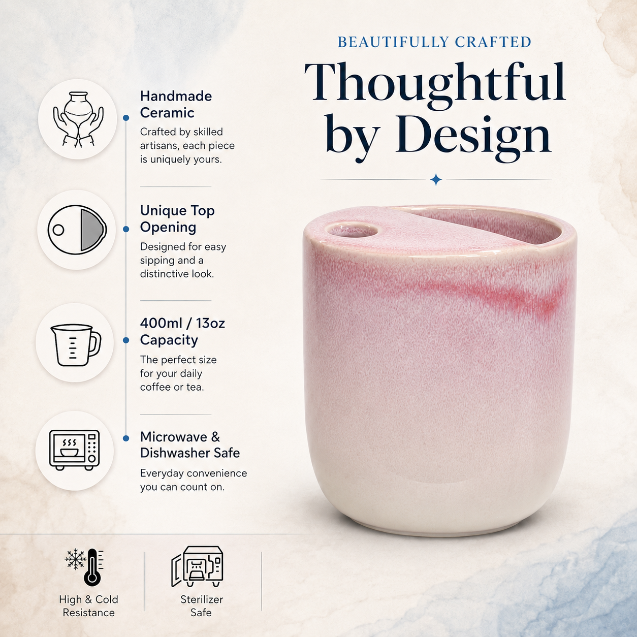 Handmade pink flambé glaze ceramic mug with unique top opening