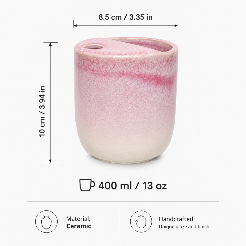 Pink flambé glaze ceramic mug with 13 oz capacity and size details