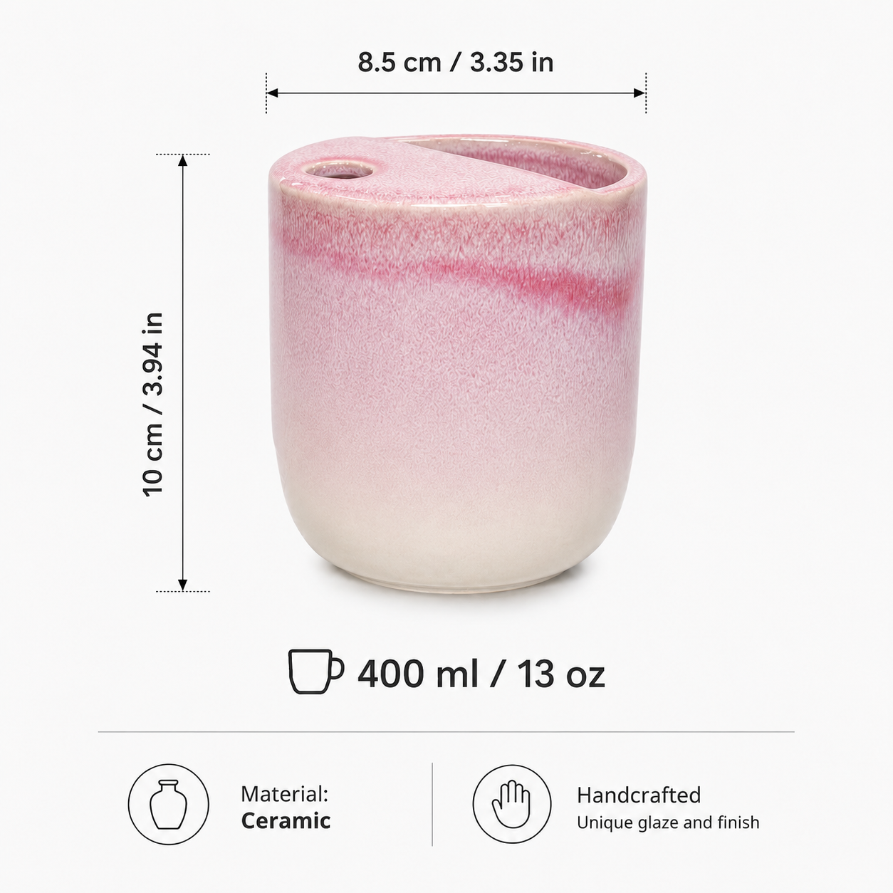 Pink flambé glaze ceramic mug with 13 oz capacity and size details