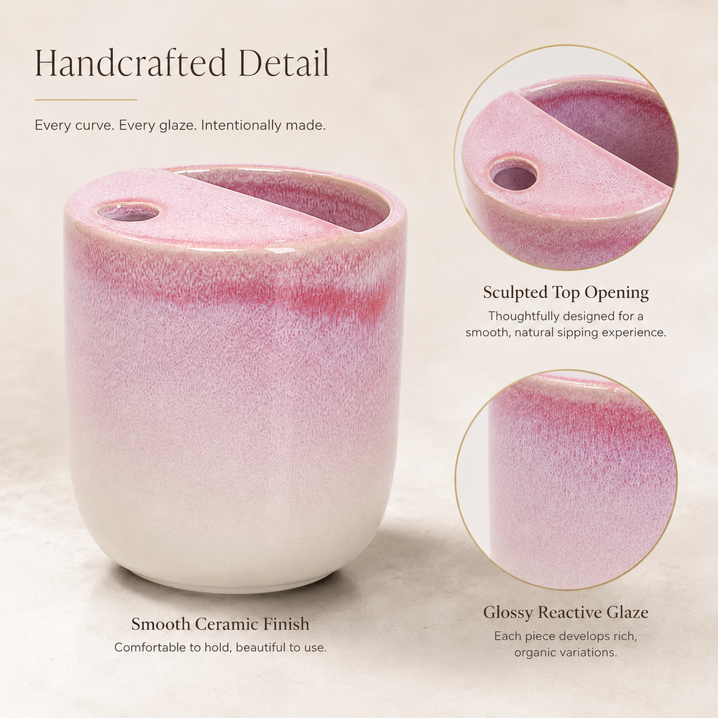 Close-up of pink flambé glaze ceramic mug and sculpted top design