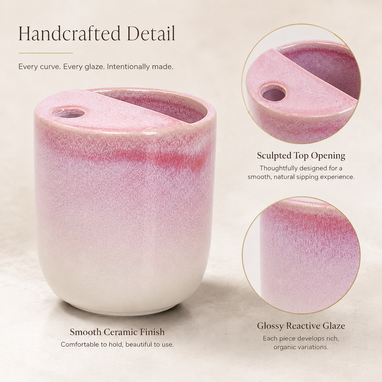 Close-up of pink flambé glaze ceramic mug and sculpted top design