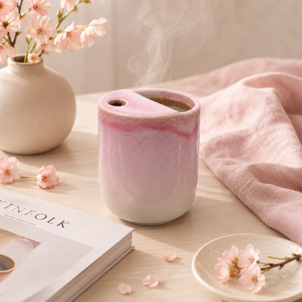 Pink flambé glaze ceramic mug styled in a soft floral setting