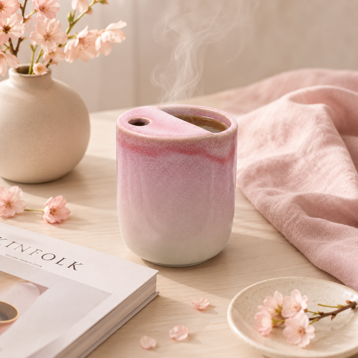 Pink flambé glaze ceramic mug styled in a soft floral setting