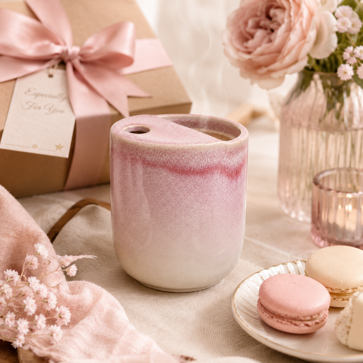 Pink flambé glaze ceramic mug styled as a thoughtful gift