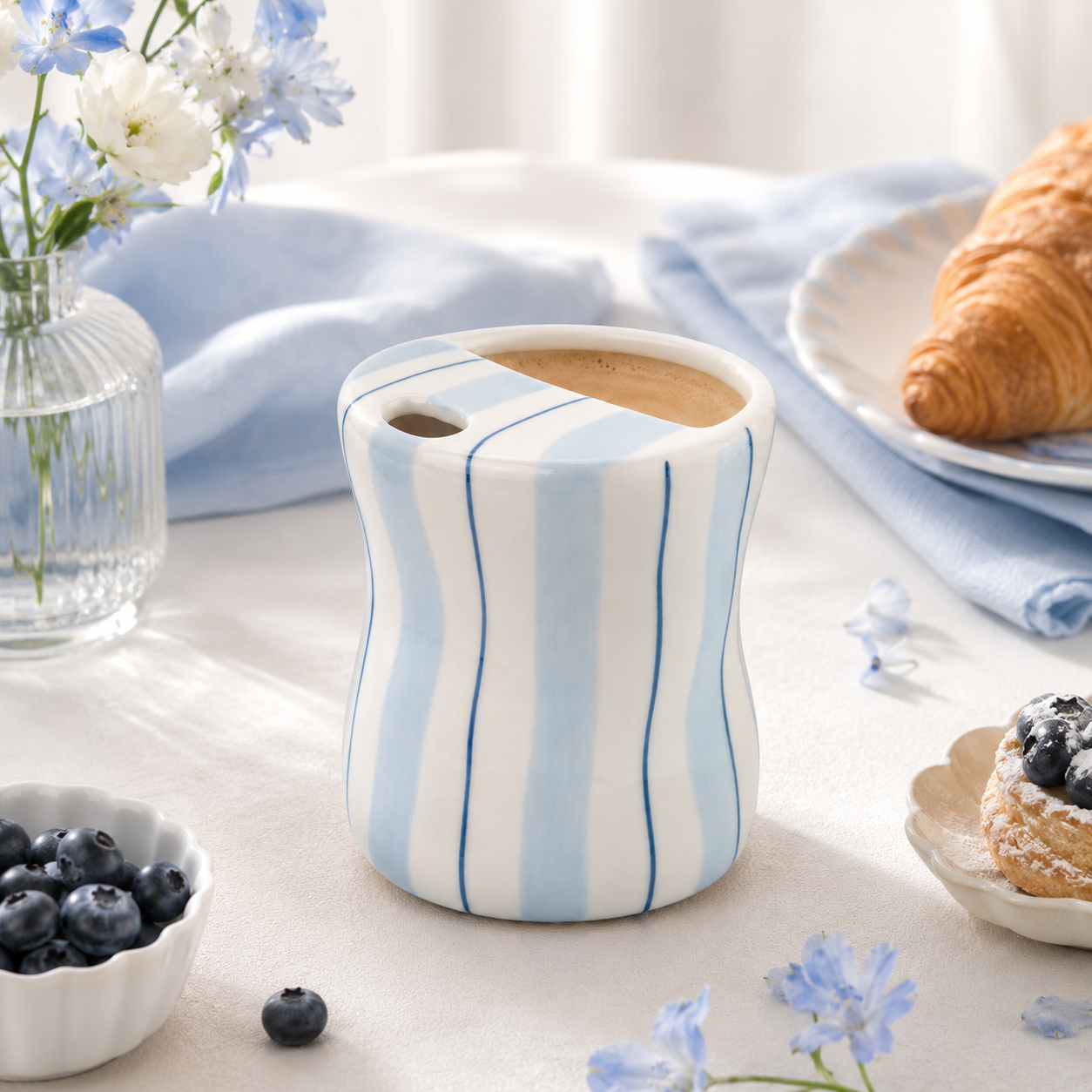 Light blue striped ceramic mug with coffee in a bright breakfast setting