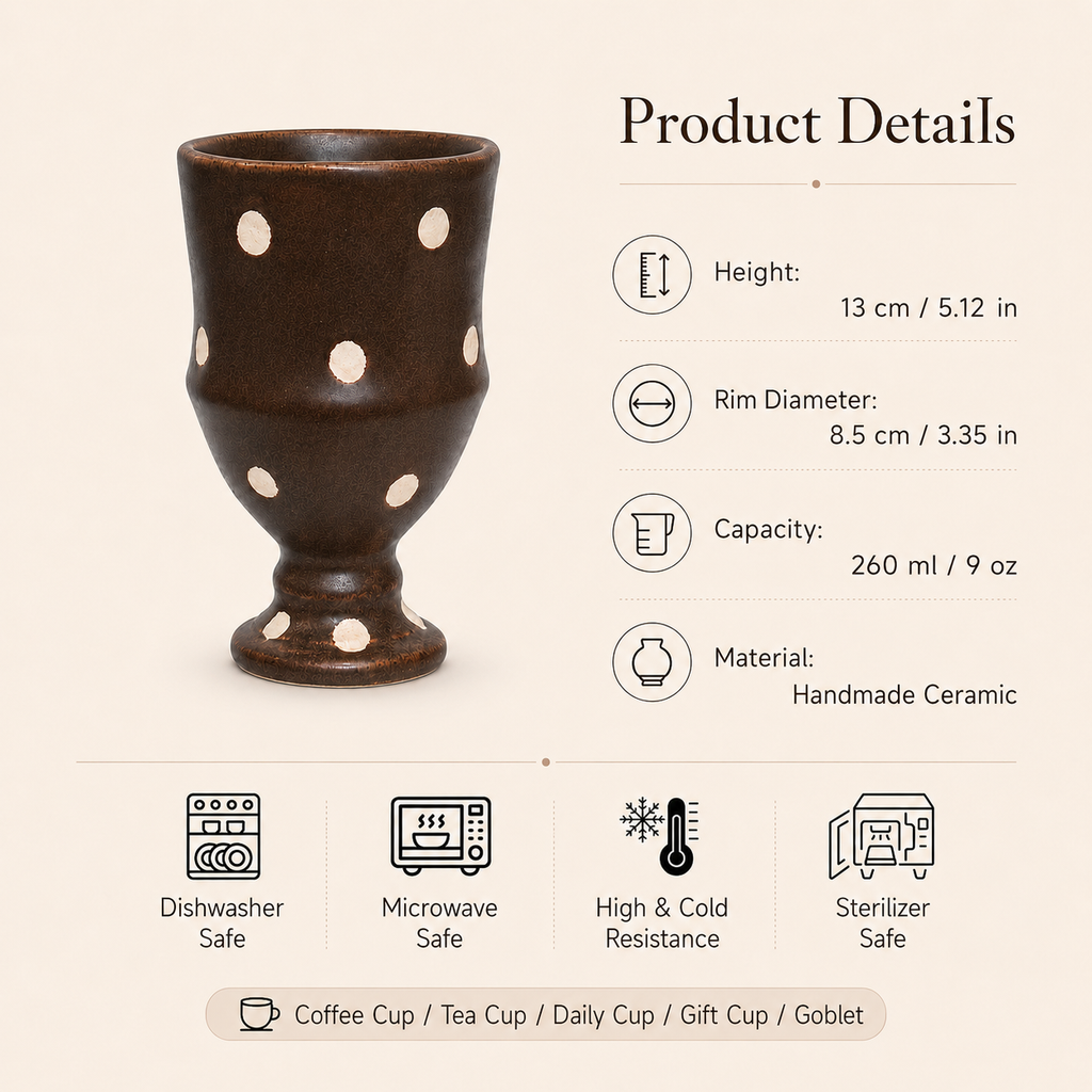 Handmade Brown Polka Dot Ceramic Goblet | 9 oz Rustic Coffee & Tea Cup