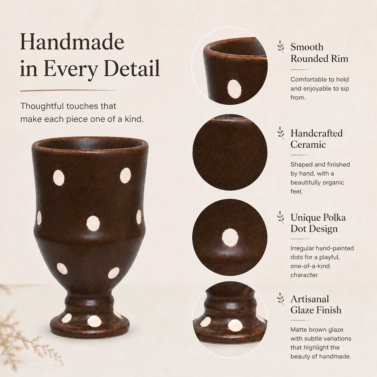 Handmade Brown Polka Dot Ceramic Goblet | 9 oz Rustic Coffee & Tea Cup