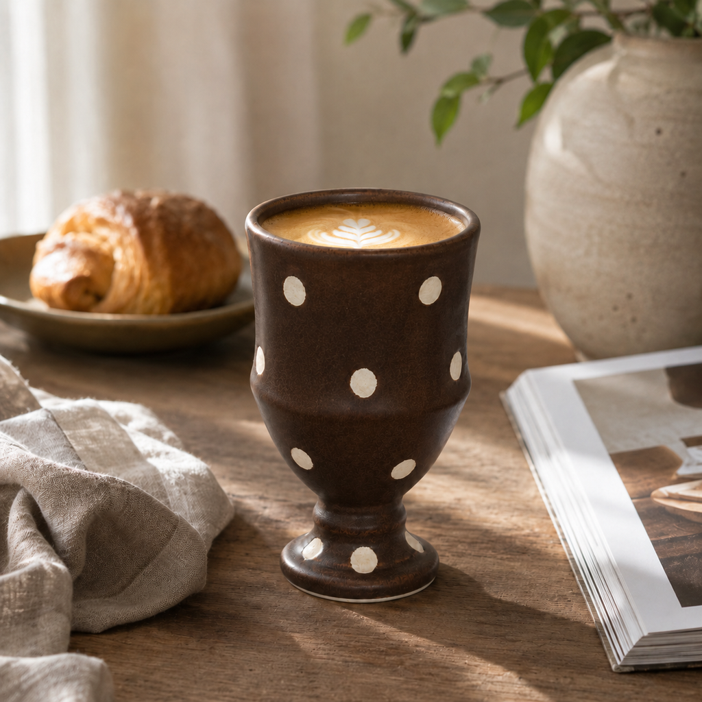 Handmade Brown Polka Dot Ceramic Goblet | 9 oz Rustic Coffee & Tea Cup