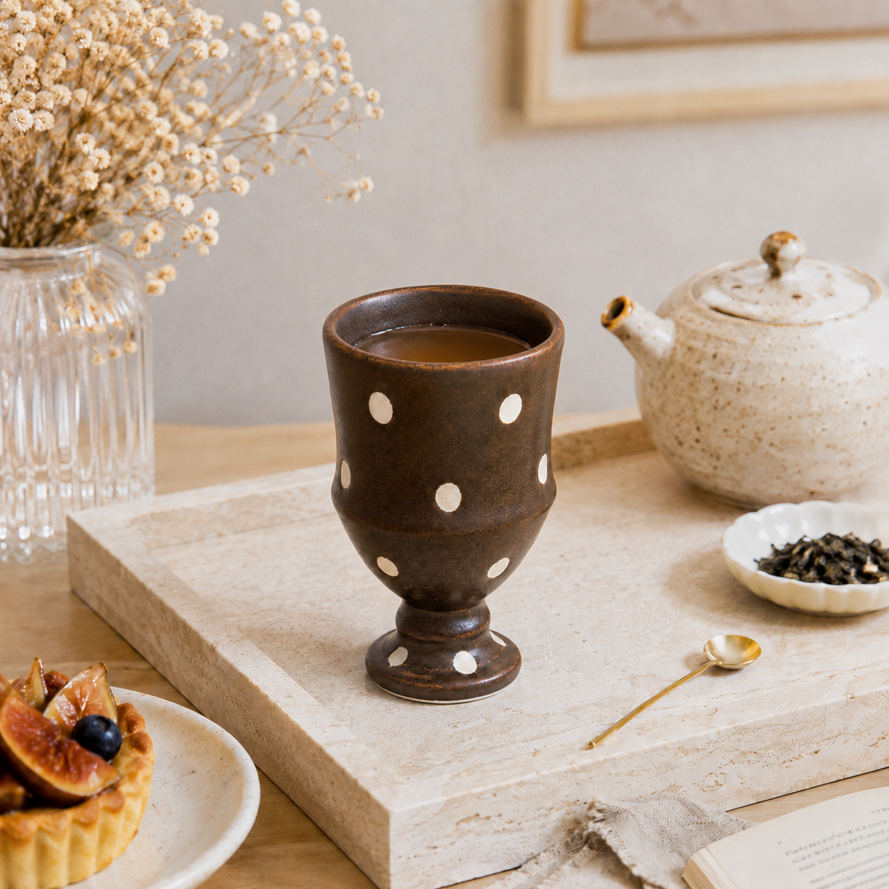 Handmade Brown Polka Dot Ceramic Goblet | 9 oz Rustic Coffee & Tea Cup
