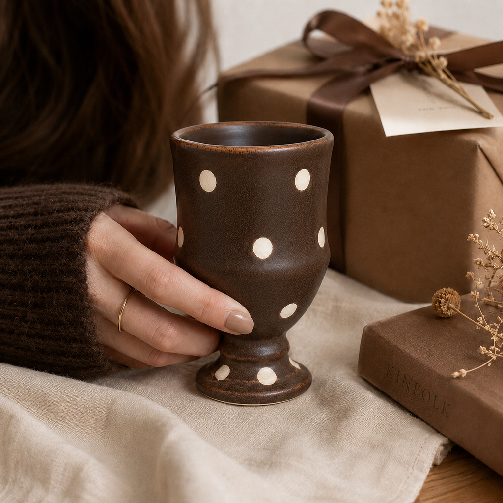 Handmade Brown Polka Dot Ceramic Goblet | 9 oz Rustic Coffee & Tea Cup