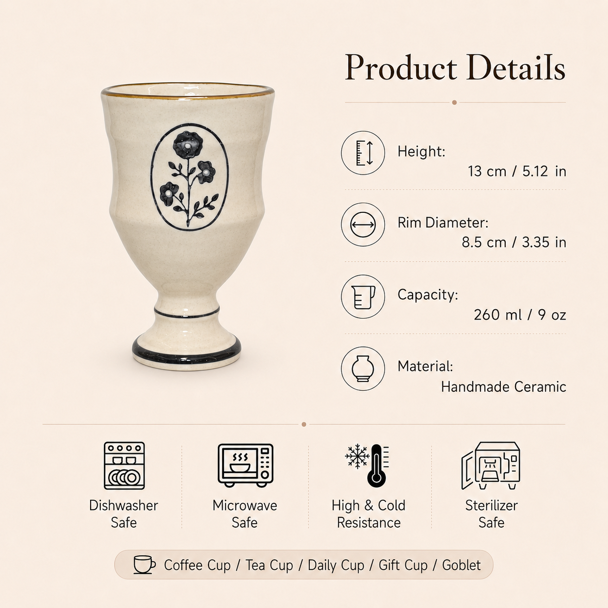 Handmade Floral Ceramic Goblet | 9 oz Vintage Coffee & Tea Cup