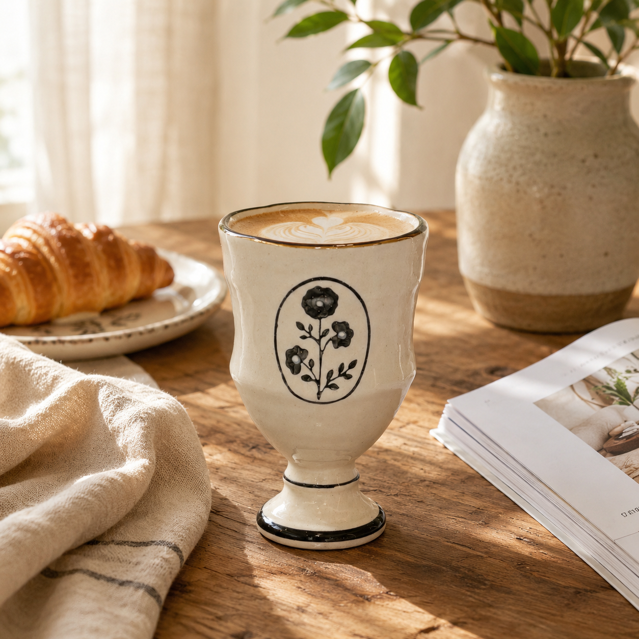 Handmade Floral Ceramic Goblet | 9 oz Vintage Coffee & Tea Cup