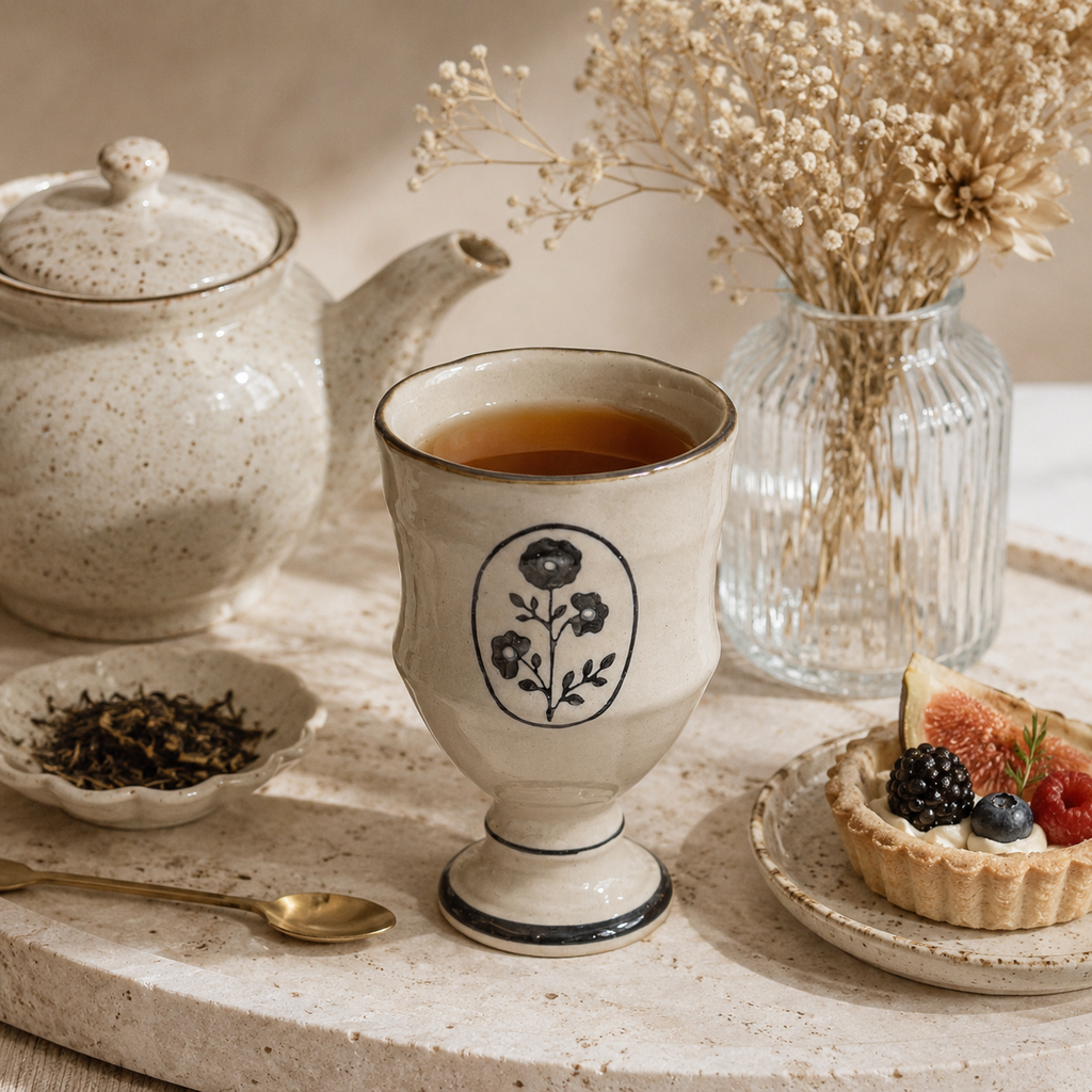 Handmade Floral Ceramic Goblet | 9 oz Vintage Coffee & Tea Cup