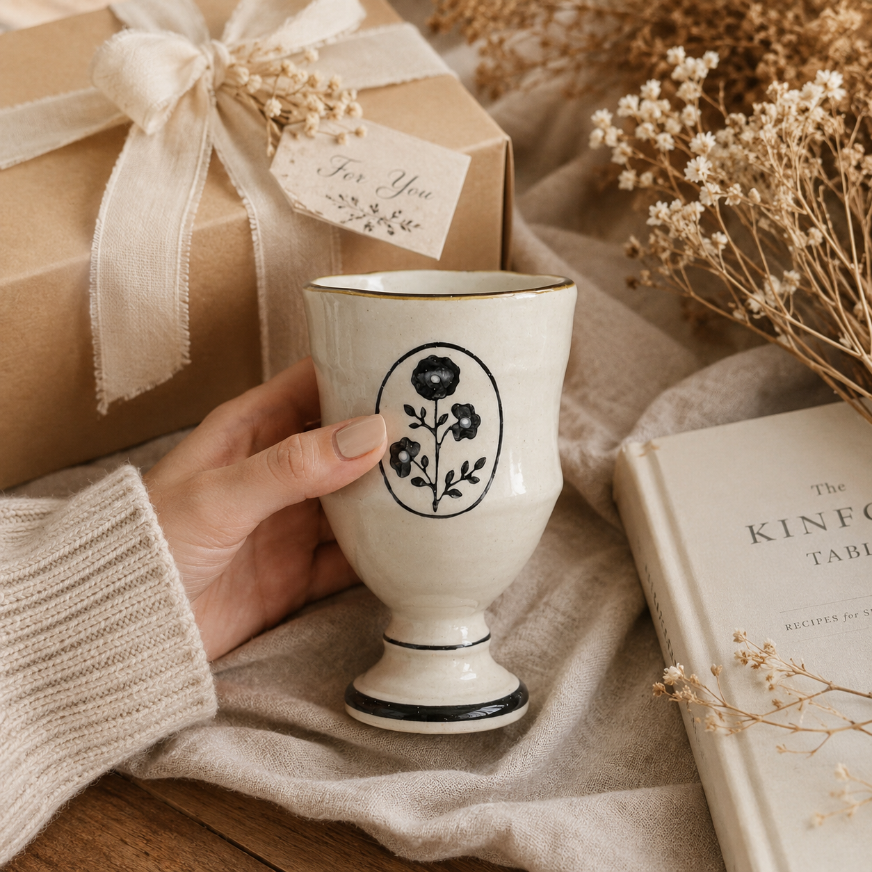Handmade Floral Ceramic Goblet | 9 oz Vintage Coffee & Tea Cup
