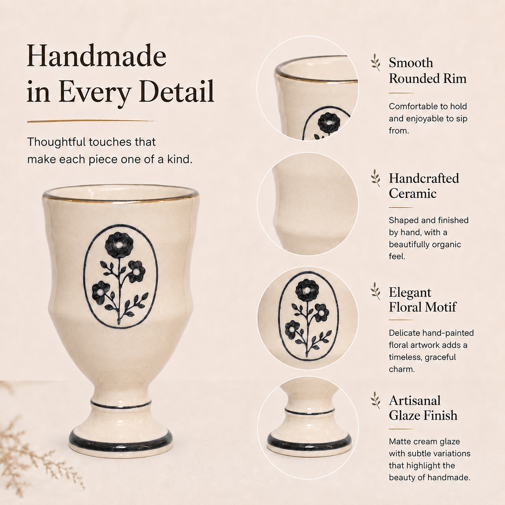 Handmade Floral Ceramic Goblet | 9 oz Vintage Coffee & Tea Cup