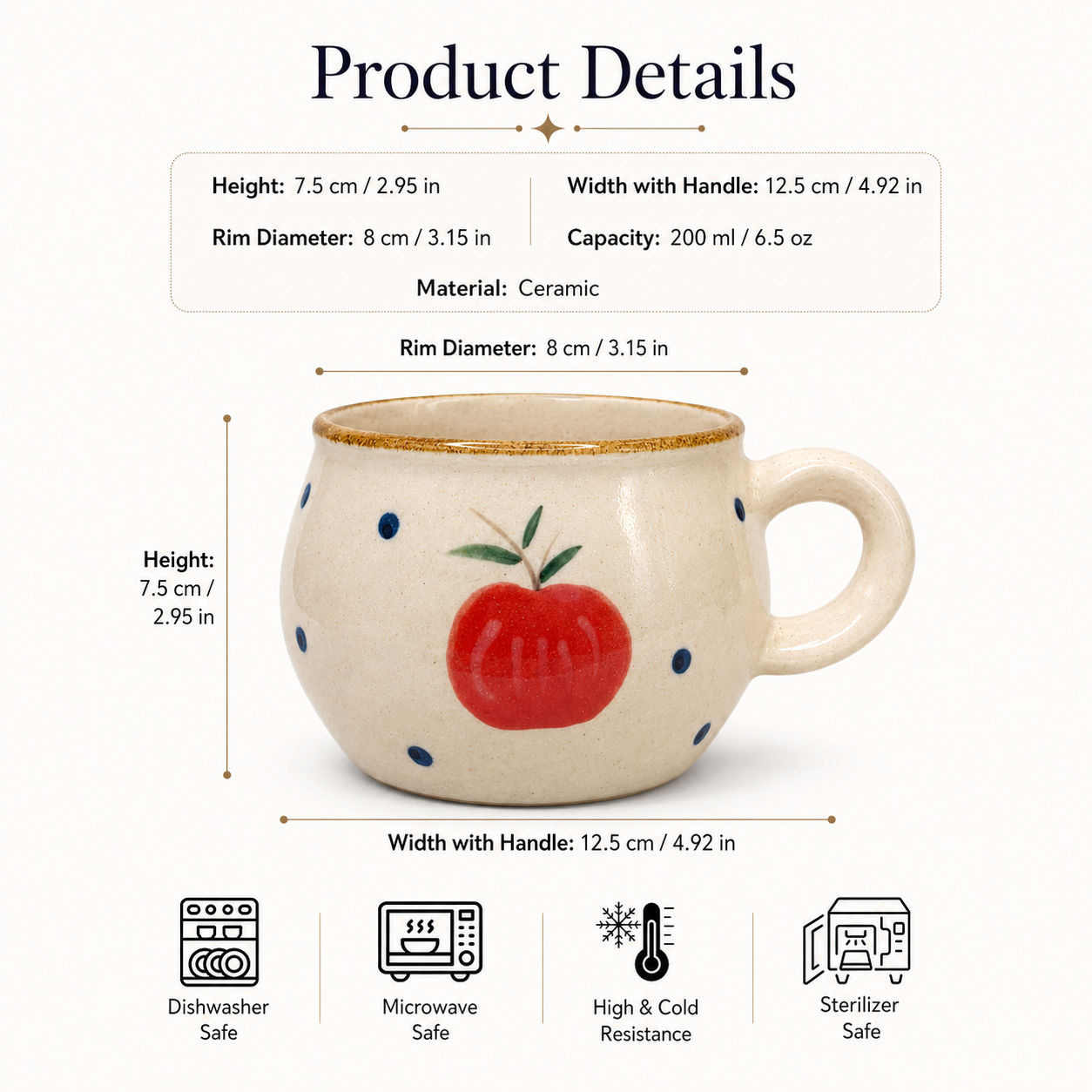 Apple Ceramic Mug | 6.5 oz Vintage Coffee Cup