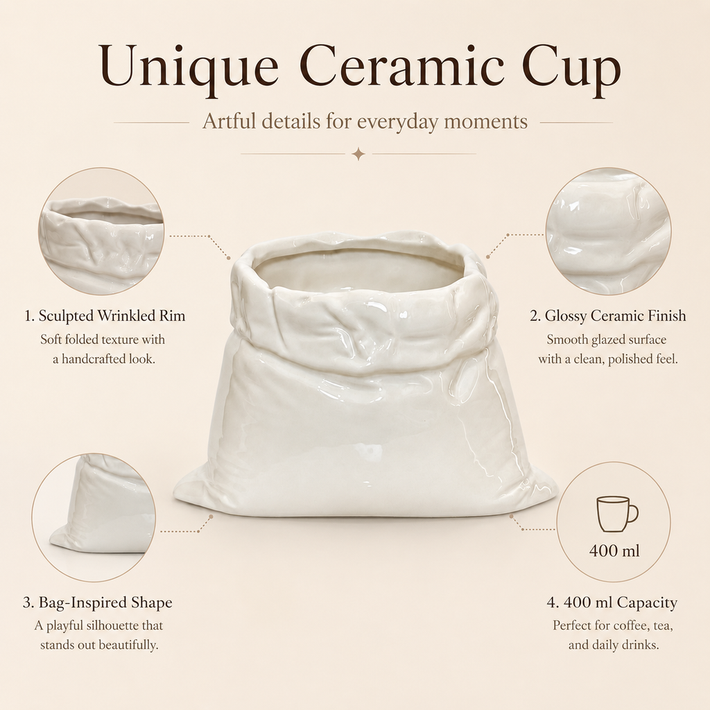 Handmade Ceramic Bag Mug | 13 oz Artistic Coffee Cup