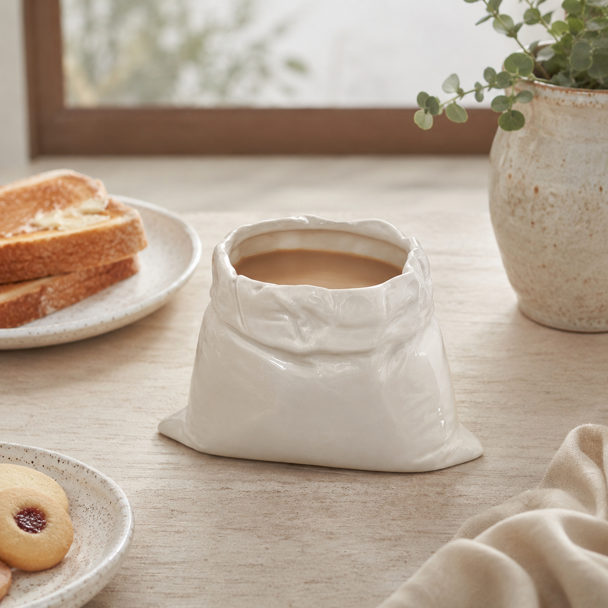 Handmade Ceramic Bag Mug | 13 oz Artistic Coffee Cup