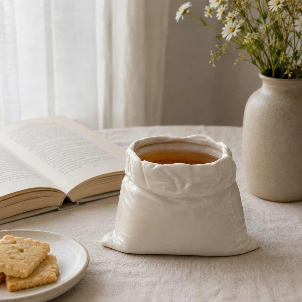 Handmade Ceramic Bag Mug | 13 oz Artistic Coffee Cup
