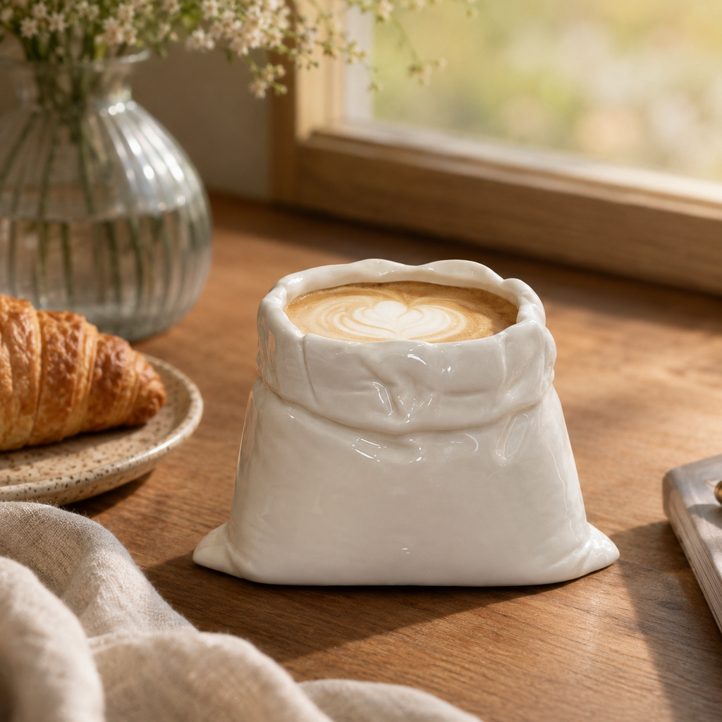 Handmade Ceramic Bag Mug | 13 oz Artistic Coffee Cup