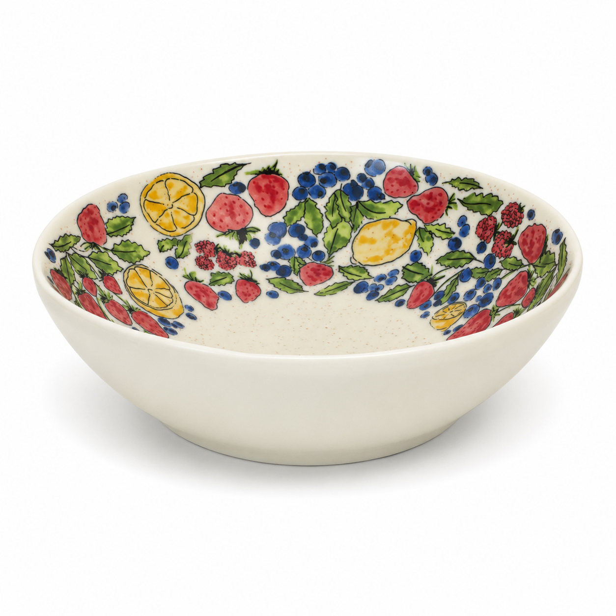 Hand-painted mixed fruit ceramic bowl with colorful berry and lemon pattern